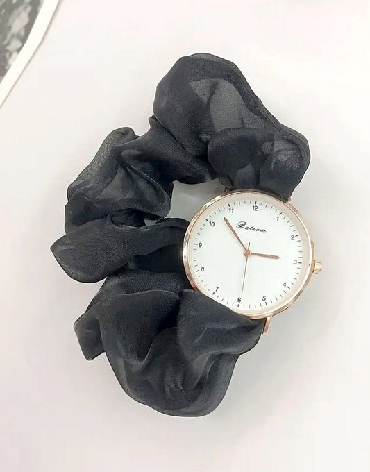 Cute Satin Hair Ring Black Strap Casual Watch for Girls