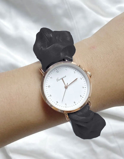 Cute Satin Hair Ring Black Strap Casual Watch for Girls
